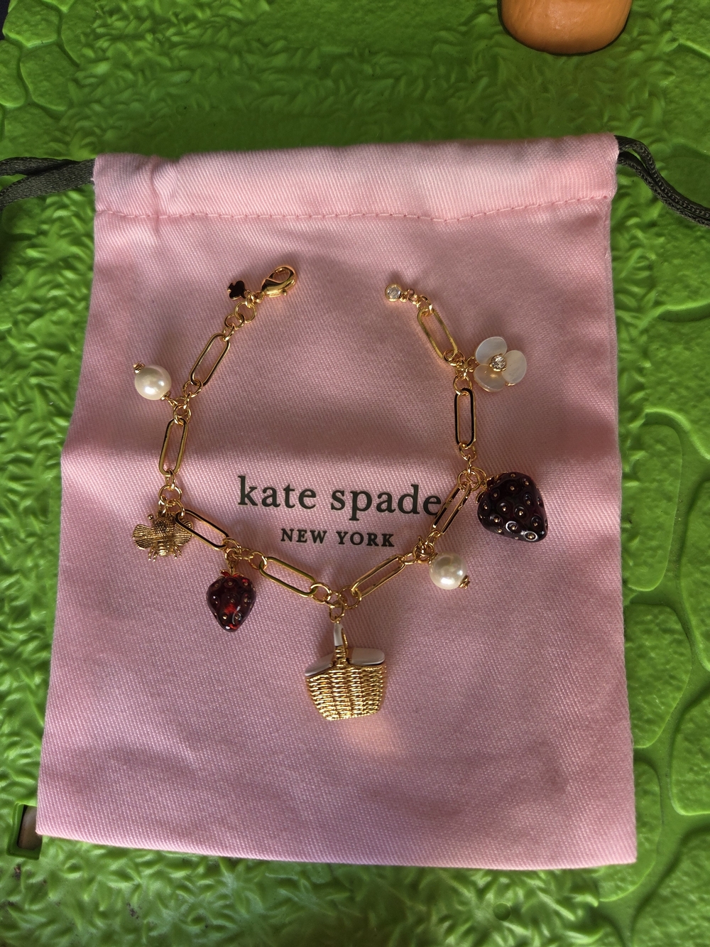 kate spade Gold Bracelet with Red Strawberry Charms NWOT